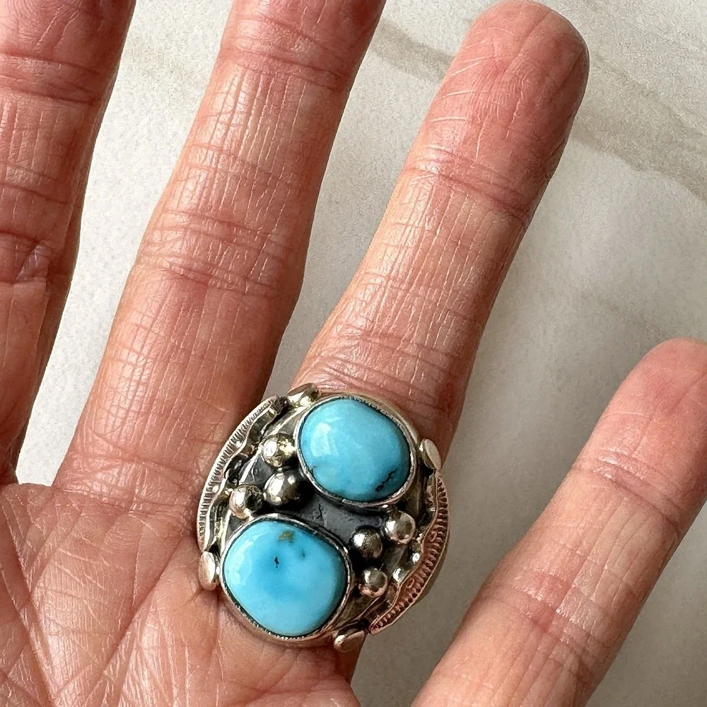 Big Navajo Sonoran Turquoise Ring Sz 14 Mens Sonoran Signed AT Native American